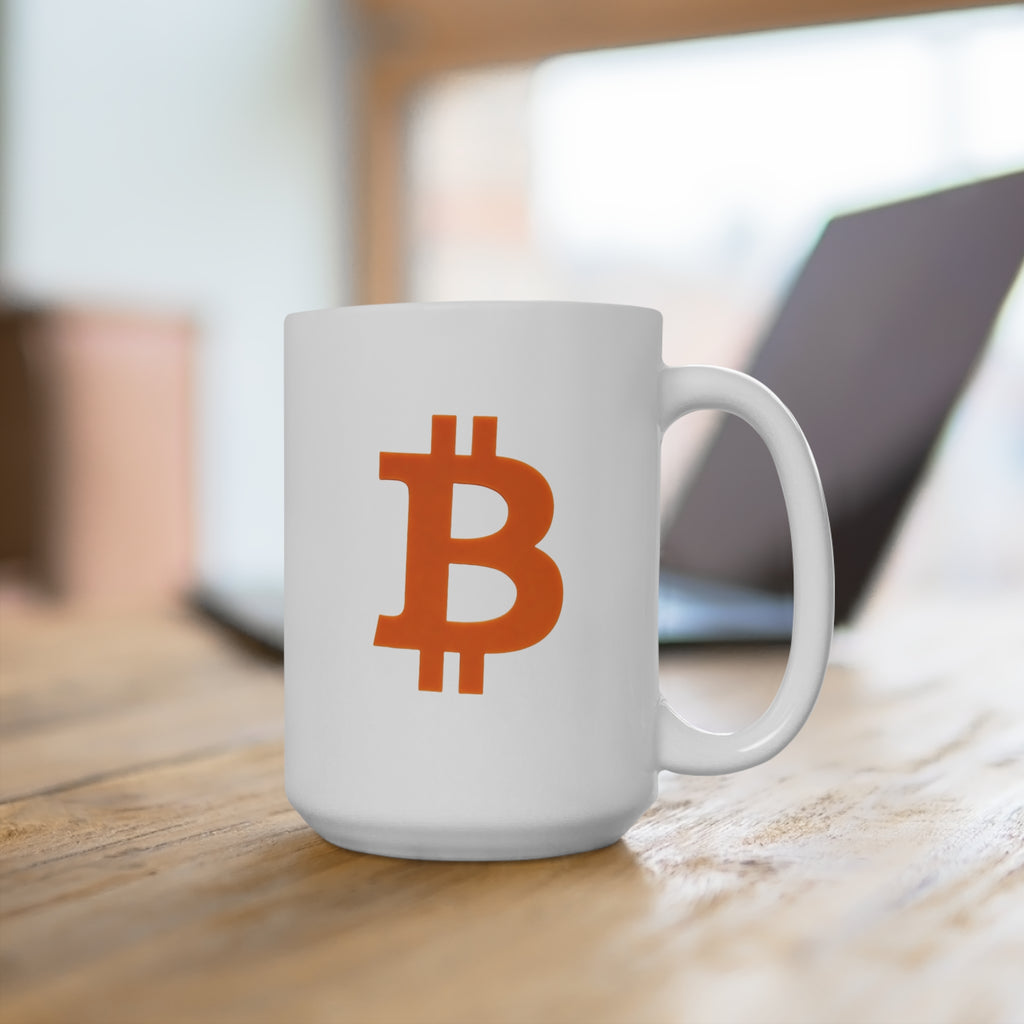 Bitcoin Logo Mug — 15oz Orange BTC Coffee Cup