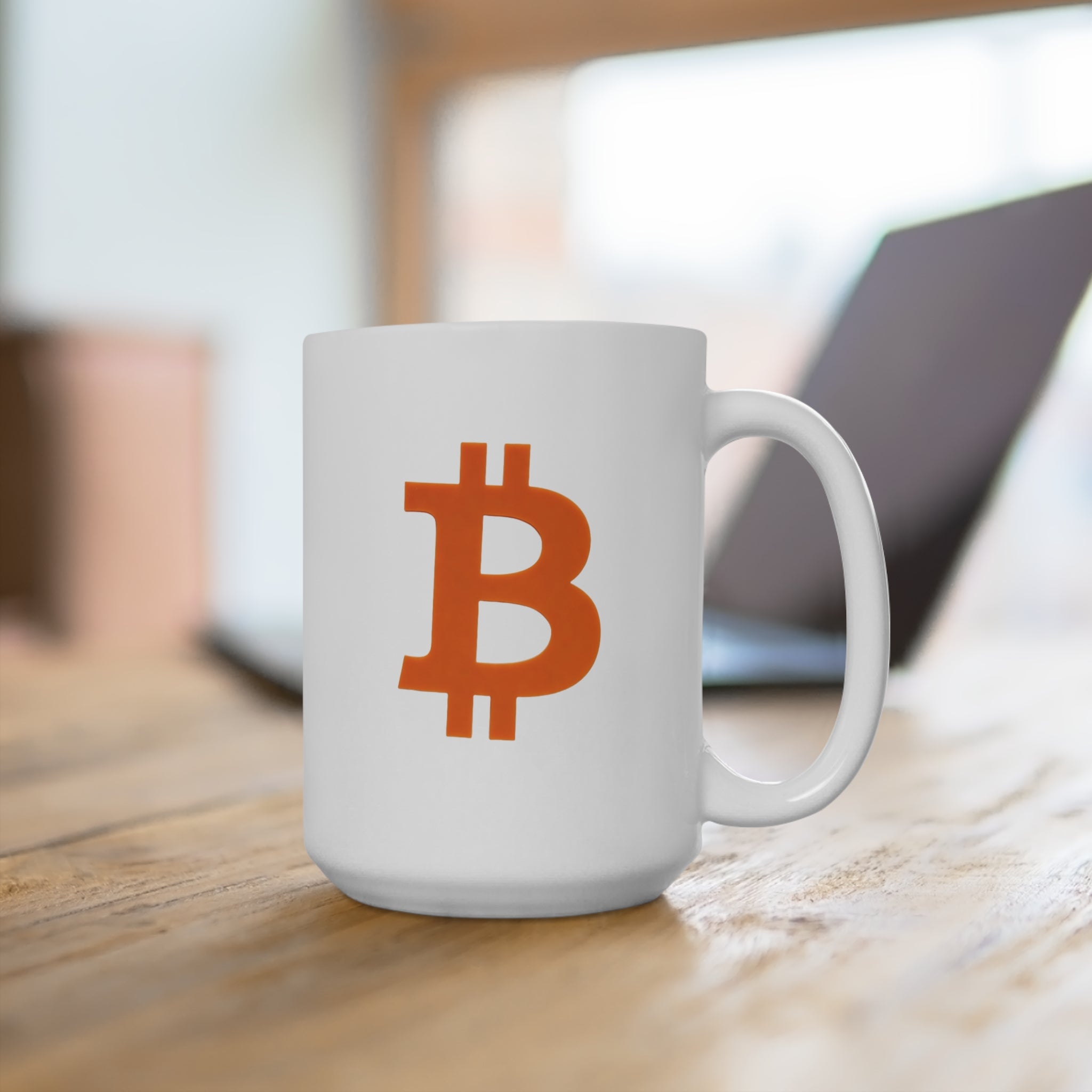 Bitcoin Logo Mug — 15oz Orange BTC Coffee Cup