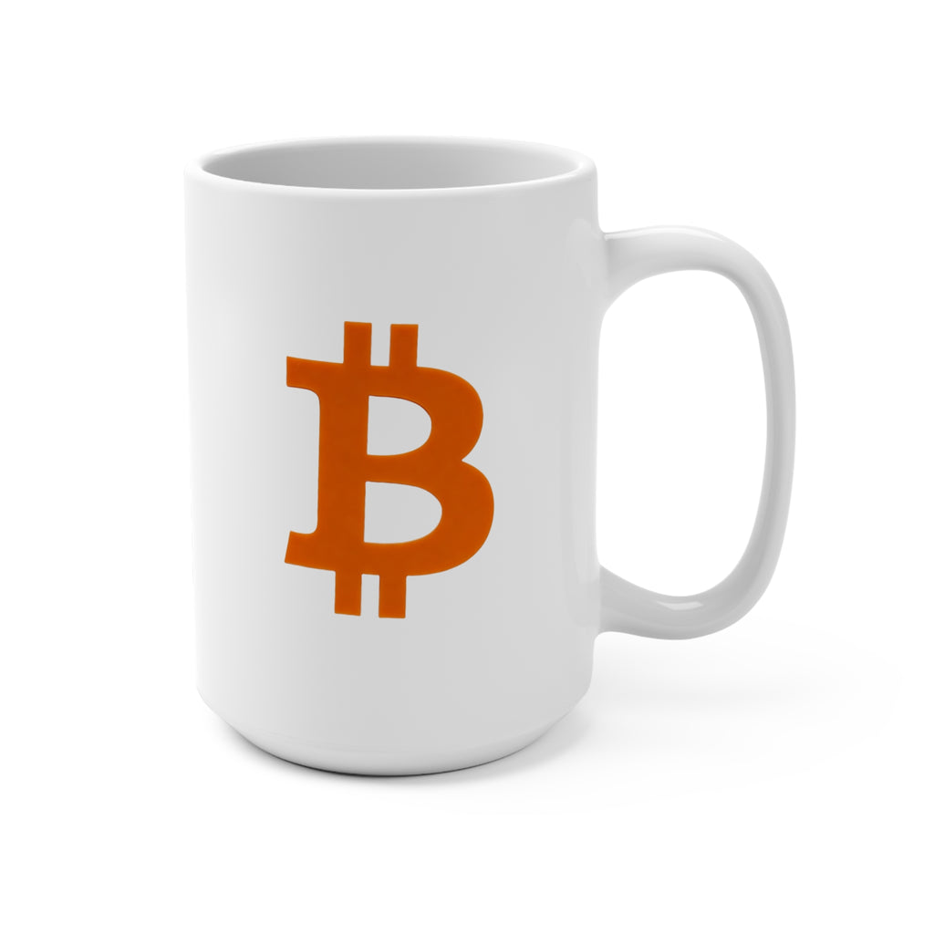Bitcoin Logo Mug — 15oz Orange BTC Coffee Cup