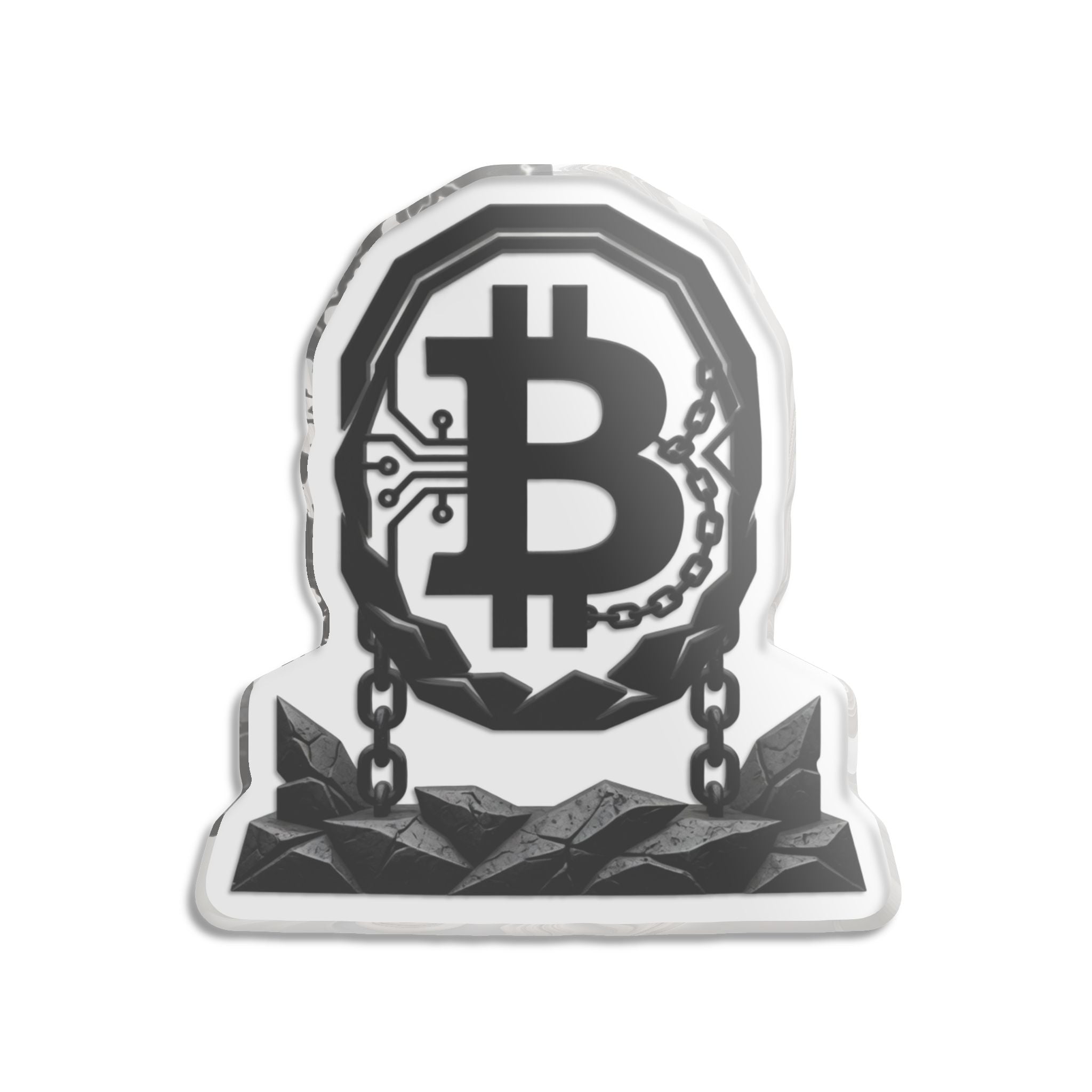 Bitcoin Breaking Free – Aged Chain & Rock Acrylic Desk Statue